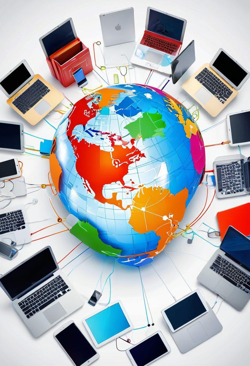 A globe surrounded by interconnected digital devices, including laptops, smartphones, and tablets, showcasing diverse bloggers from various cultures sharing ideas. The background features vibrant digital networks and binary code flowing, symbolizing the global digital landscape. Bright colors emphasize collaboration and creativity in blogging. super-realistic. vibrant colors. white background.