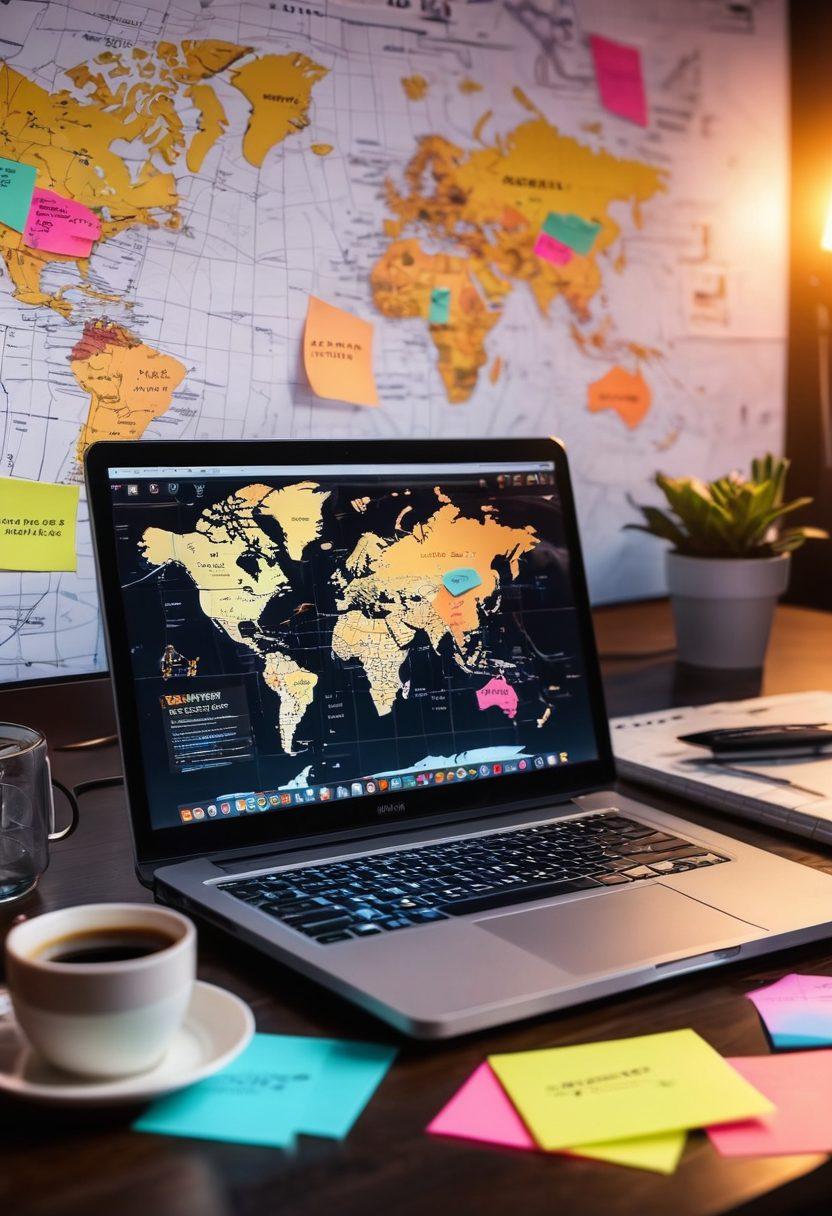 A creative workspace with a glowing laptop displaying vibrant blog graphics, surrounded by colorful sticky notes and a steaming cup of coffee. In the background, a digital world map to symbolize the global reach of blogging, with floating icons representing different blogging platforms. A soft light illuminating the scene, creating a warm and inviting atmosphere. cyberpunk. vibrant colors. super-realistic.