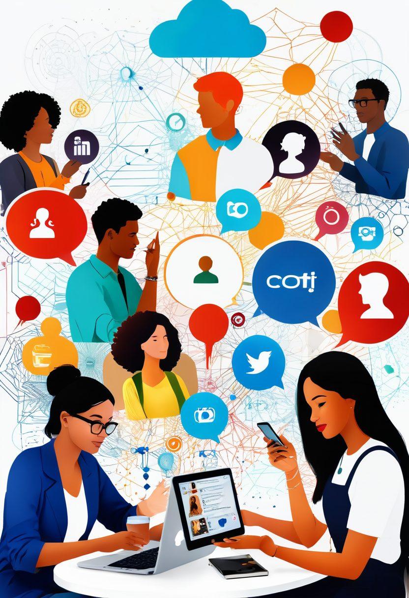 A vibrant collage showcasing diverse individuals engaged in sharing knowledge, surrounded by interconnected digital networks and social media icons. The scene includes a community gathering in a cozy café, people of different backgrounds exchanging ideas, and colorful thought bubbles filled with symbols of blogging and information. The atmosphere is warm and inviting, symbolizing connection and collaboration. super-realistic. vibrant colors. white background.